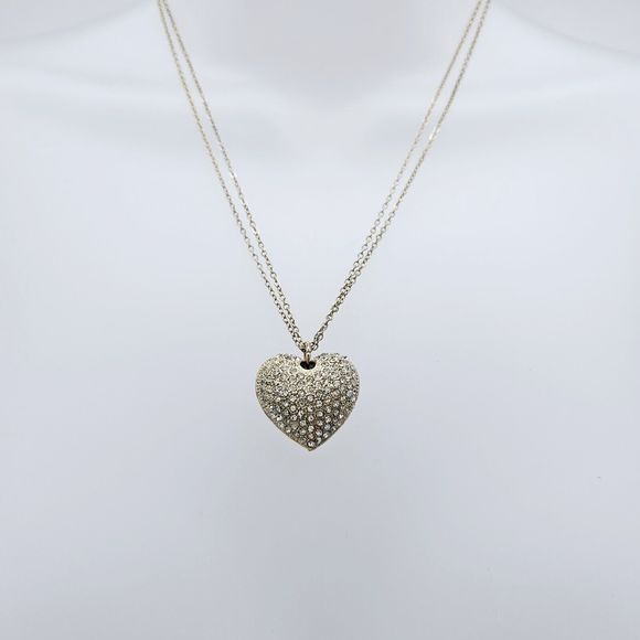 Puffy Pave Heart Necklace Gold Tone Rhinestone Double Chain Feminine Romantic - Picture 9 of 13